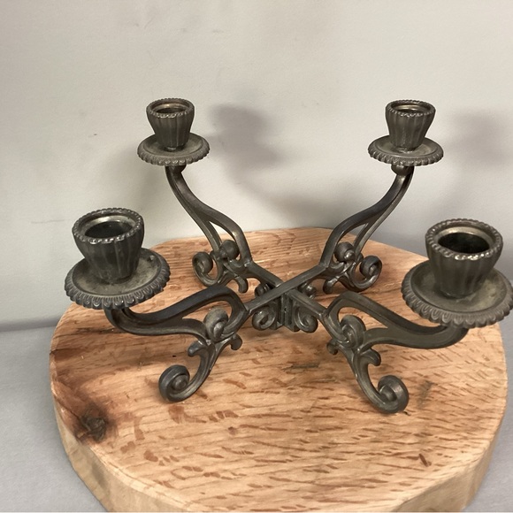 Vintage Pewter Metal Alloy 4 Prong Taper Candle Holder - Aged Look / Excellent - Picture 2 of 9